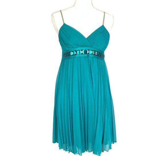 Teal Chiffon Pleated Dress S Rhinestone Belt Bow Tie Knee Length Cocktail Prom - Picture 1 of 9